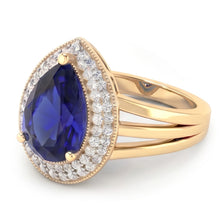 Afbeelding in Gallery-weergave laden, Dubbele Halo Ring Triple Shank Ceylon Saffier &amp; Diamanten 4 Karaat
