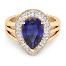 Afbeelding in Gallery-weergave laden, Dubbele Halo Ring Triple Shank Ceylon Saffier &amp; Diamanten 4 Karaat
