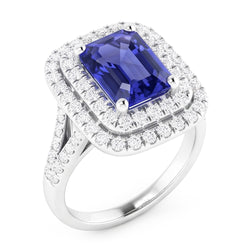 Dubbele Halo Trouwring Smaragd Blauwe Saffier & Diamanten 4 Karaat