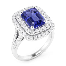 Afbeelding in Gallery-weergave laden, Dubbele Halo Trouwring Smaragd Blauwe Saffier &amp; Diamanten 4 Karaat
