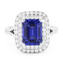 Afbeelding in Gallery-weergave laden, Dubbele Halo Trouwring Smaragd Blauwe Saffier &amp; Diamanten 4 Karaat
