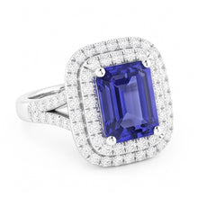 Afbeelding in Gallery-weergave laden, Dubbele Halo Trouwring Smaragd Blauwe Saffier &amp; Diamanten 4 Karaat
