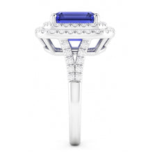 Afbeelding in Gallery-weergave laden, Dubbele Halo Trouwring Smaragd Blauwe Saffier &amp; Diamanten 4 Karaat
