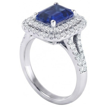 Afbeelding in Gallery-weergave laden, Dubbele Halo Trouwring Smaragd Blauwe Saffier &amp; Diamanten 4 Karaat
