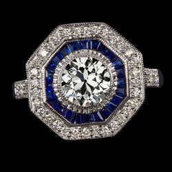 Dubbele Halo Art Deco Sieraden Nieuwe Blauwe Saffier Ring Oud Geslepen Natuurlijke uit de aarde gewonnen Diamant