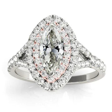 Dubbele Halo Ring Marquise Oude Geslepen Echt Diamanten Gespleten Schacht 6 Karaat