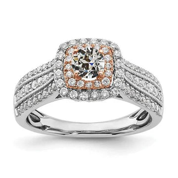 Dubbele Halo Ring Oude Geslepen Echt Diamant Drievoudige Rij Accenten 4 Karaat Tweekleurig