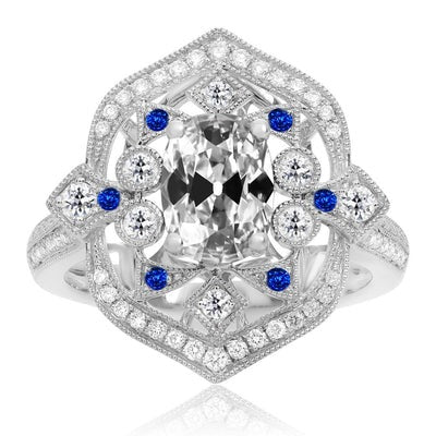 Echt Ovale Old Cut Diamond & Blue Sapphire Halo Ring Vintage stijl 7 karaat