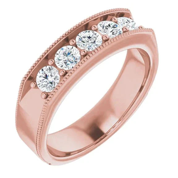 Echt Diamond Comfort Fit trouwring 1 Ct Five Stone Milgrain Roségouden Sieraden