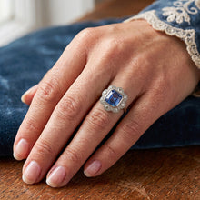 Afbeelding in Gallery-weergave laden, Echte Diamant Halo Saffier Ring Bezel Set Asscher Snijbloem Stijl 4 karaat
