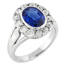 Afbeelding in Gallery-weergave laden, Echte Halo Diamanten Trouwring Ovale Ceylon Saffier Bezel Set 4,50 Karaat
