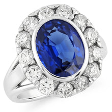 Afbeelding in Gallery-weergave laden, Echte Halo Diamanten Trouwring Ovale Ceylon Saffier Bezel Set 4,50 Karaat
