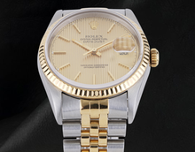 Afbeelding in Gallery-weergave laden, Echte Rolex herenhorloge ivoorkleurige wijzerplaat datumjust tweekleurig goud en roestvrij staal ...

