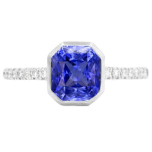 Afbeelding in Gallery-weergave laden, Echte Ronde Diamond Ceylon Sapphire Ring Bezel Set 4 Karaat Pave Set Accenten

