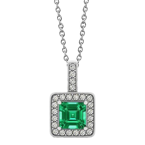 Edelsteen hanger ketting 4 karaat Asscher geslepen groene smaragd en ronde diamanten