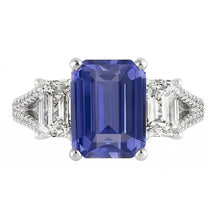 Afbeelding in Gallery-weergave laden, Emerald 3 stenen saffier ring met accenten gespleten schacht 3,50 karaat

