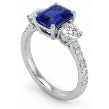 Afbeelding in Gallery-weergave laden, Natuurlijke Echte (Niet Labgekweekt) Smaragd Blauwe Saffier Drie Steens Stijl Ring met Accenten 7 Karaat Goud 14K
