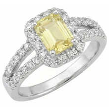 Afbeelding in Gallery-weergave laden, Ring met Smaragd &amp; Rond Geslepen 4 Karaat Gele Saffier, Natuurlijke uit de aarde gewonnen Diamanten, Witgoud 14K
