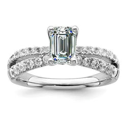 Verlovingsring met smaragd, uit de aarde gewonnen diamant en accenten, gouden gespleten schacht, 4 karaat
