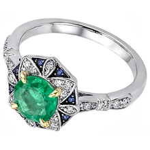 Afbeelding in Gallery-weergave laden, Smaragd Rond Briljant Edelsteen Ring in 14K – hoekaanzicht
