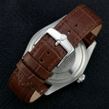 Afbeelding in Gallery-weergave laden, Gecanneleerd rand Rolex roestvrij staal herenhorloge datum gewoon bruin lederen band snel ingesteld
