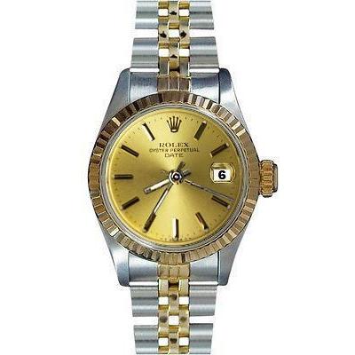 Gecanneleerde lunette champagnekleurige wijzerplaat Rolex Datum dameshorloge Jubileum
