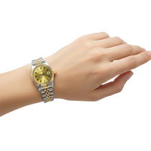 Afbeelding in Gallery-weergave laden, Gecanneleerde lunette champagnekleurige wijzerplaat Rolex Datum dameshorloge Jubileum P2
