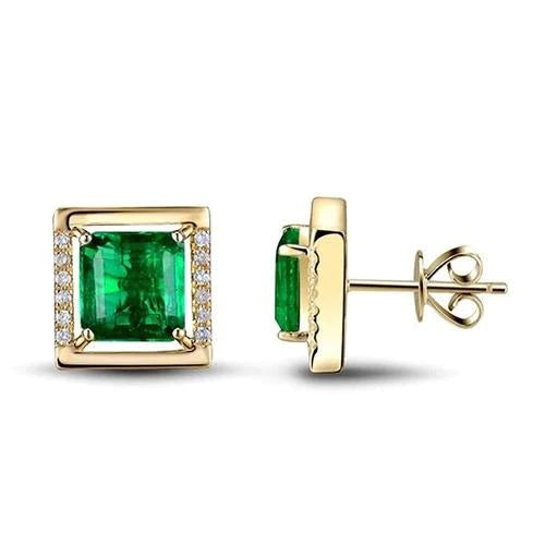 Geelgouden 14K 4,50 ct groene smaragd met diamanten oorknopjes Nieuw