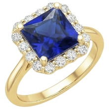Afbeelding in Gallery-weergave laden, Geelgouden Ring met uit de aarde gewonnen Diamanten Halo en Prinsesslijpsel Blauwe Saffier 6 Karaat
