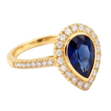 Afbeelding in Gallery-weergave laden, Geelgouden Halo Peer Srilanka Saffier Ring &amp; Diamanten 4 Karaat
