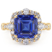 Afbeelding in Gallery-weergave laden, Geelgouden Halo Ring Bloemstijl Asscher Blauwe Saffier 4,50 Karaat
