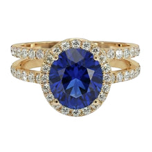 Afbeelding in Gallery-weergave laden, Geelgoud IGI GECERTIFICEERDE Diamanten Verlovingsring Set Ovaal Ceylon Kleur Saffier Sieraden
