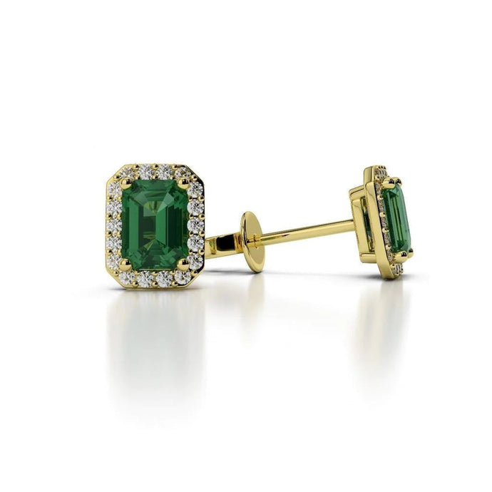 Geelgouden damesoorbellen 5,40 ct groene smaragd en diamanten halo