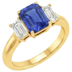 Geelgoud Drie Stenen Blauwe Saffier & Natuurlijke uit de aarde gewonnen Diamanten Ring 9 Karaat