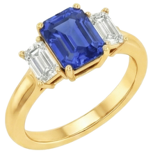 Afbeelding in Gallery-weergave laden, Geelgoud Drie Stenen Blauwe Saffier &amp; Natuurlijke uit de aarde gewonnen Diamanten Ring 9 Karaat
