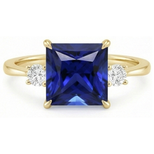 Afbeelding in Gallery-weergave laden, Geelgouden Drie Stenen Ring Princess Geslepen Blauwe Saffier &amp; Natuurlijke uit de aarde gewonnen Diamanten 5.25 Karaat
