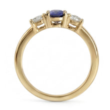 Afbeelding in Gallery-weergave laden, Geelgouden ring met 3 stenen ronde blauwe saffier en Natuurlijke echte diamant ( niet in het laboratorium gekweekt )en 1,50 karaat
