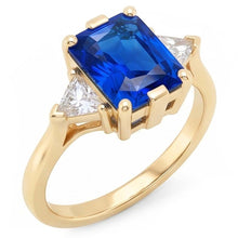 Afbeelding in Gallery-weergave laden, Geelgouden ring met 3 stenen stralende saffier 3 karaat biljoen Natuurlijke echte diamant ( niet in het laboratorium gekweekt )en
