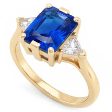 Afbeelding in Gallery-weergave laden, Geelgouden ring met 3 stenen stralende saffier 3 karaat biljoen Natuurlijke echte diamant ( niet in het laboratorium gekweekt )en
