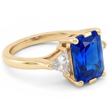 Afbeelding in Gallery-weergave laden, Geelgouden ring met 3 stenen stralende saffier 3 karaat biljoen Natuurlijke echte diamant ( niet in het laboratorium gekweekt )en

