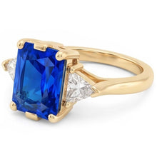 Afbeelding in Gallery-weergave laden, Geelgouden ring met 3 stenen stralende saffier 3 karaat biljoen Natuurlijke echte diamant ( niet in het laboratorium gekweekt )en

