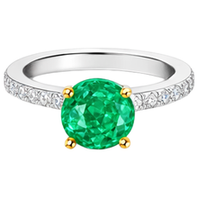 Afbeelding in Gallery-weergave laden, Colombiaanse Smaragd Rond Briljant Edelsteen Ring in Tweekleurig 14K Goud – profielaanzicht
