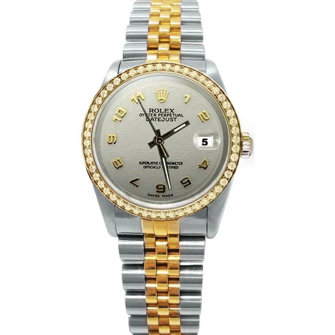 Goud en staal Datumjust diamanten rand Witte Arabische wijzerplaat Rolex-horloge snel ingesteld
