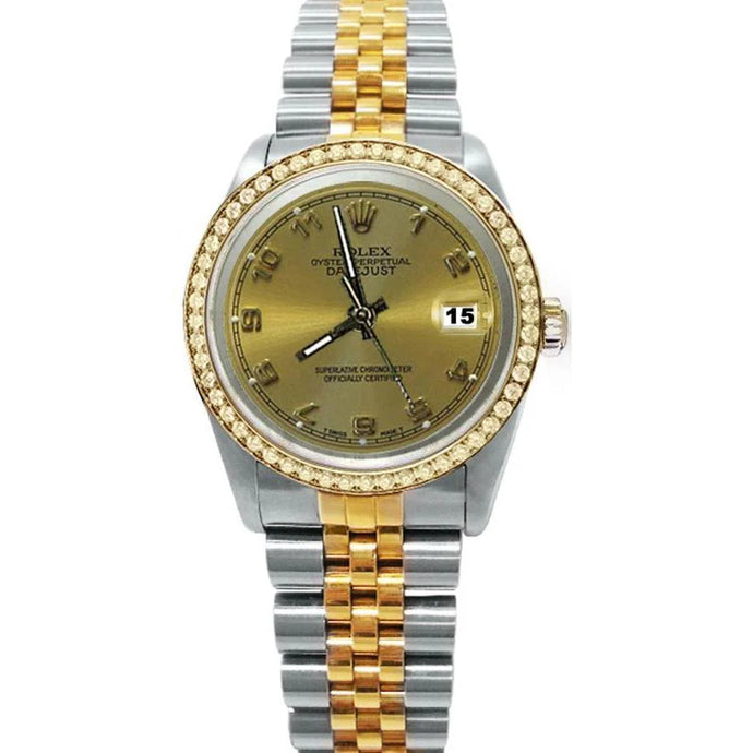 Goud en staal champagne wijzerplaat Rolex Datumjust diamanten rand horloge snel ingesteld
