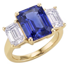 Afbeelding in Gallery-weergave laden, Gouden 3 steen blauwe saffier smaragd Natuurlijke echte diamant ( niet in het laboratorium gekweekt )en ring 3,50 karaat
