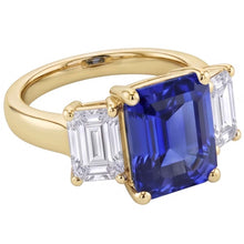 Afbeelding in Gallery-weergave laden, Gouden 3 steen blauwe saffier smaragd Natuurlijke echte diamant ( niet in het laboratorium gekweekt )en ring 3,50 karaat
