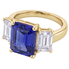 Afbeelding in Gallery-weergave laden, Gouden 3 steen blauwe saffier smaragd Natuurlijke echte diamant ( niet in het laboratorium gekweekt )en ring 3,50 karaat
