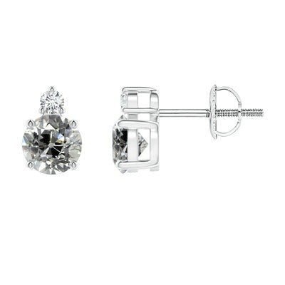 Gouden Echt Diamanten Studs Ronde Oude Mijnwerker 2 Stenen 3,50 Karaats Schroefruggen