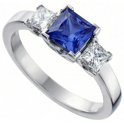 Gouden Edelsteen Princess Blauwe Saffier & Natuurlijke uit de aarde gewonnen Diamant Drie Stenen Ring 5 Karaat