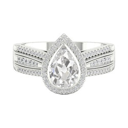 Gouden Halo Oud Slijpsel Peer Natuurlijke uit de aarde gewonnen Diamanten Ring Drievoudige Band 4 Karaat Milgrain